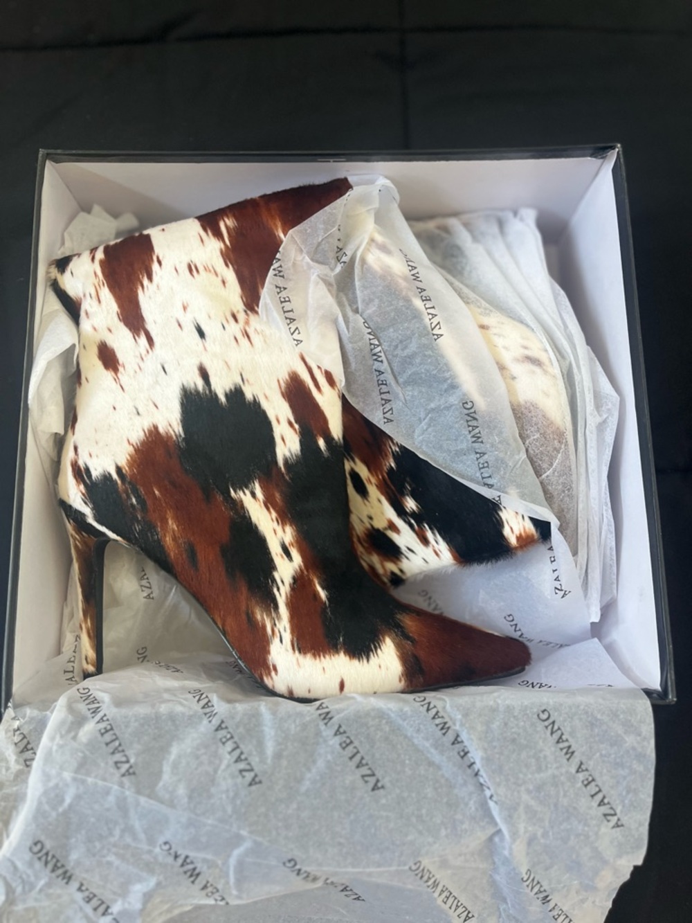 Azalea Wang Syreali Cowhide Stiletto  Boots | Brown/White  | Sz: 7.5 | Orig:$149